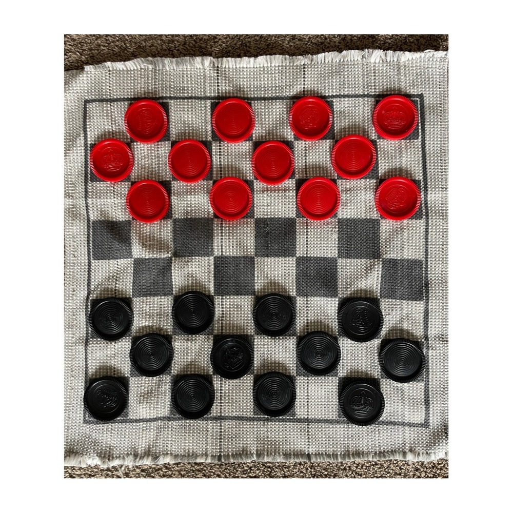 Reversible Woven Game Mat Checkers Tic Tac Toe 26x26 Made in USA Retro Games